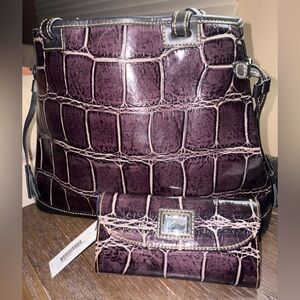 Dooney & Bourke Maurizia Croc-Embossed aubergine Leather Tote & NWT WALLET